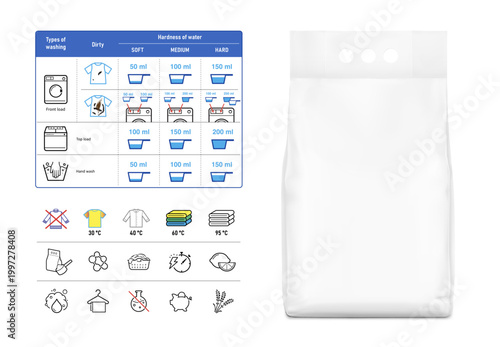 Realistic stand bag with three hole handle for powder laundry detergent mockup with set icons.Vector illustration on white background. Can be use for your design, packaging, presentation. EPS10.