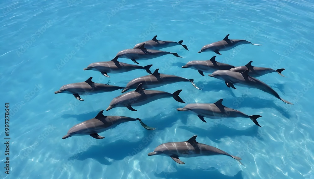 Obraz premium Pod of Dolphins Swimming Together in Clear Blue Ocean Water