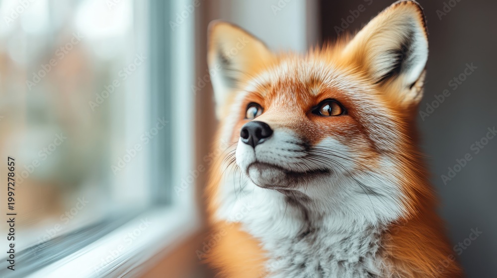 Naklejka premium A close-up portrait of a beautiful fox looking thoughtfully out of a window, showcasing its vibrant fur and expressive eyes in a serene indoor setting.
