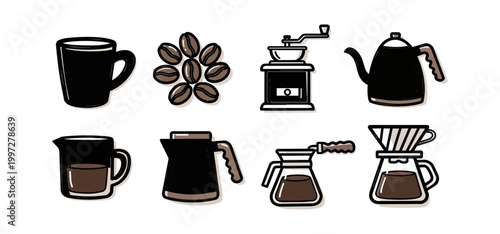 Coffee preparation elements isolated on black background
