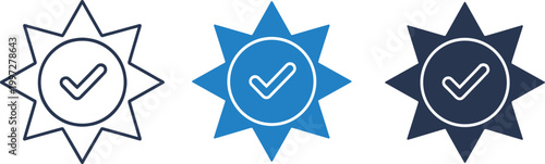 Verified Badge Icon Set with Check Mark in Star Shapes Flat and Outline Vector Illustration for Approval, Quality Assurance, Certification, and UI Design