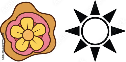 Flower Cookie and Sun Icon Set Cartoon and Silhouette Vector Illustration for Bakery Design, Weather Symbols, Summer Graphics, and Creative Elements