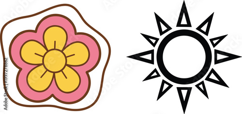 Flower Cookie and Sun Outline Icon Set Cartoon and Geometric Vector Illustration for Bakery Design, Weather Symbols, Summer Graphics, and Creative Elements