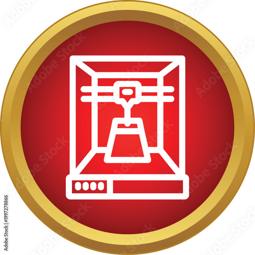 3d printer machine with an object on a bed line icon in a red circle