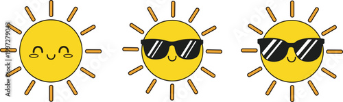 Cute Sun Cartoon Icon Set with Smiling Faces and Sunglasses Flat Vector Illustration for Summer Weather, Kids Graphics, Emoji Design, and Fun Elements