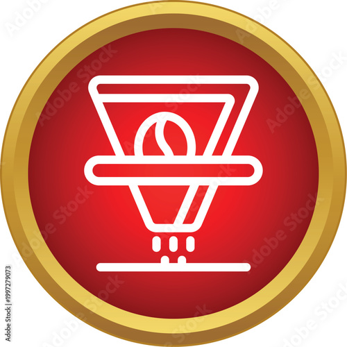 Coffee bean brewing in a filter with drips below on a red and gold button