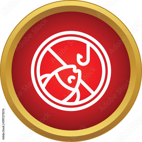 Red circle sign prohibiting fishing activity with fish and hook symbol
