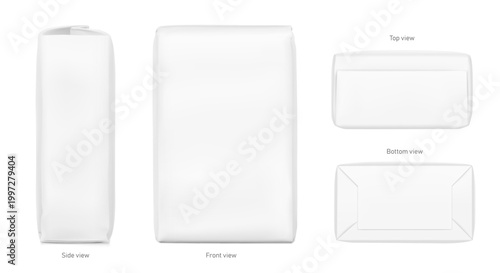 Vertical paper bag package mockup. Front, side, top and bottom view. Vector illustration isolated on white background. Easy to use for presentation your product, idea, promo, design. EPS10.