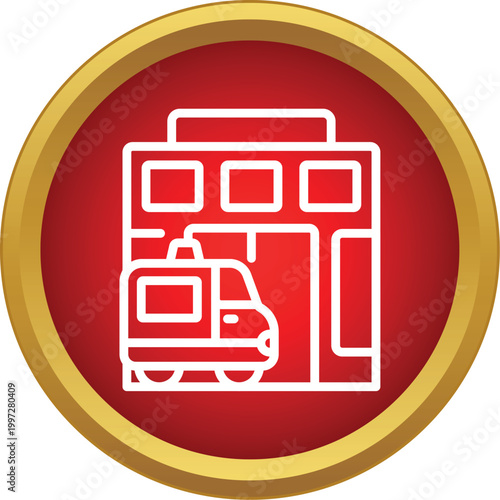 Ambulance vehicle parked outside a hospital building icon representing healthcare emergency services