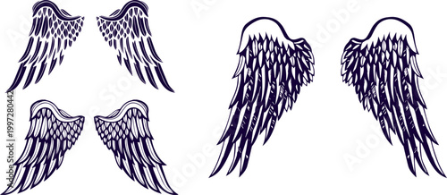 Gothic Wing Illustration Pack – Tattoo Style Angel Wings in Engraving Detail for Emblems and Branding