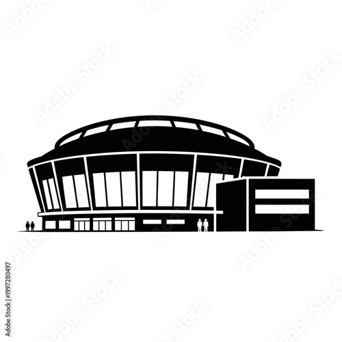 Architectural silhouette of a modern stadium with a distinctive dome structure.