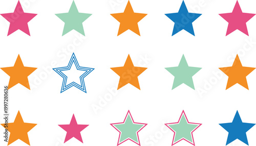 Colorful Star Shapes Icons Set with Solid and Outline Five Point Stars for Rating Systems, Reviews, Decorations, and Graphic Design Elements Collection