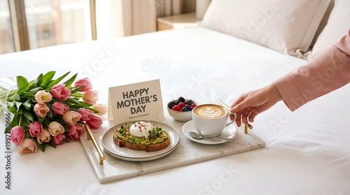 Elegant Mother’s Day Breakfast in Bed with Flowers and Coffee Minimal Lifestyle Scene