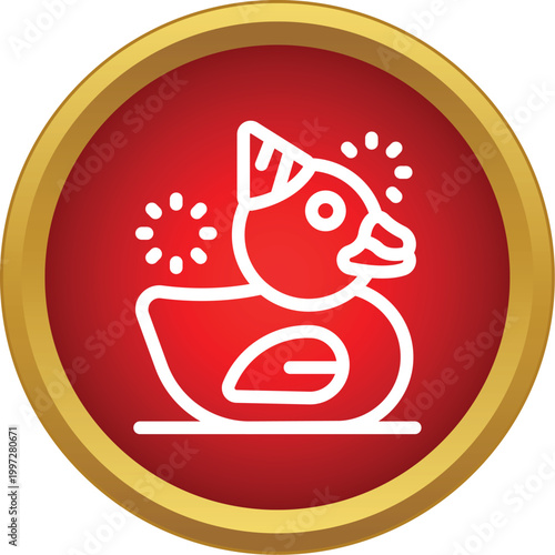 Rubber duck in party hat with confetti icon on a red background
