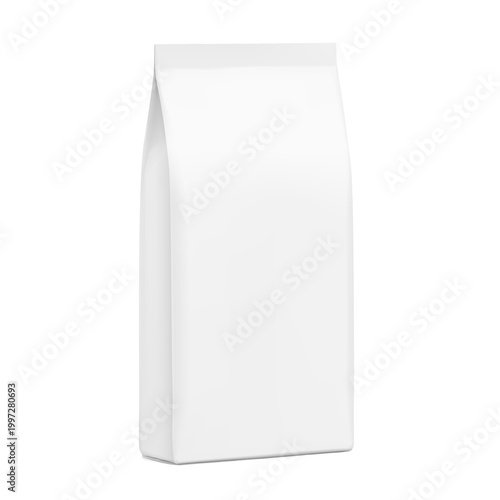 Vertical bag mockup. Flat bottom gusset bag. Half side view. Vector illustration isolated on white background. Ready for use in presentation, promo, advertising and more. EPS10.