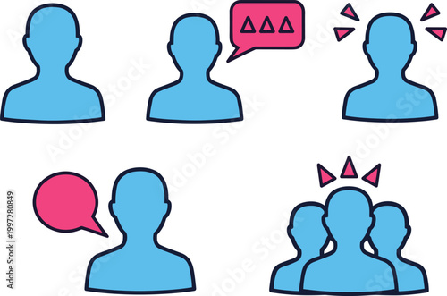 User Communication and Interaction Icons Set with Speech Bubbles, Notifications, and Group Discussion Symbols for Social Media, Messaging, and UX Design Projects