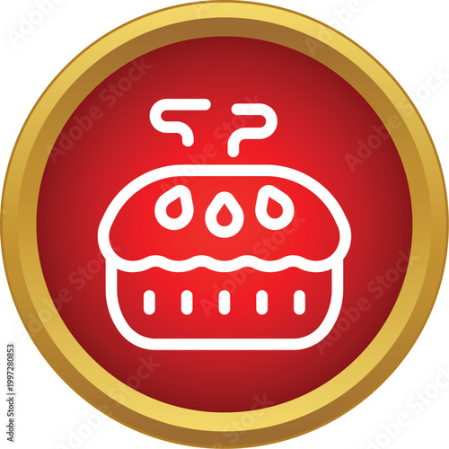 White outline of a hot pie in a red circle creating a food icon