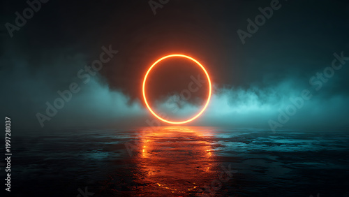Large glowing orange ring floating over dark water, moody cloudy sky backdrop, contrasting cyan and orange light, concept for sci-fi media, mysterious story background and modern art installation