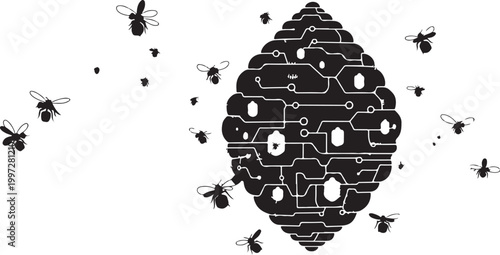 Circuit board brain, flying bees, electronic insect swarm, black and white vector illustration