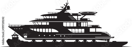 Luxury yacht, mega yacht, boat, vessel, black silhouette, vector illustration, nautical design, marine architecture