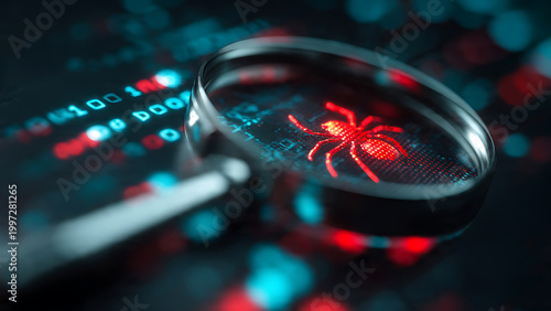 Magnifying glass focusing on glowing red spider icon amidst blurred binary code and digital patterns, close-up view, ideal for cybersecurity, malware protection and digital threat analysis concepts
