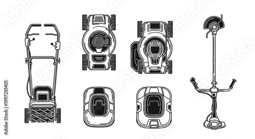 Collection of lawn mowing equipment viewed from above.