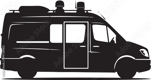 Black camper van silhouette, RV vehicle icon, motorhome graphic, travel transportation symbol