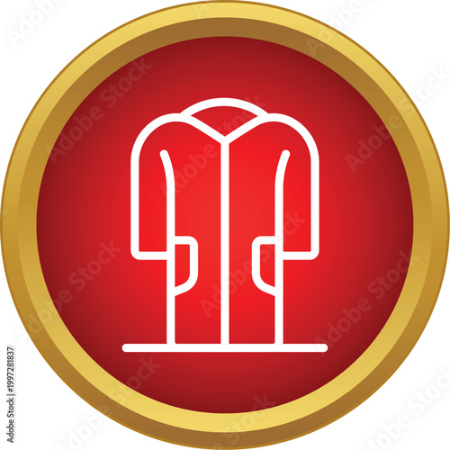 Outline icon representing a coat or gown inside a red circle button with a golden border