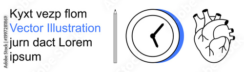 Education, health, time management, scientific study, learning tools, anatomical references. A pencil, clock face with blue accents and anatomical heart alongside placeholder text. Education