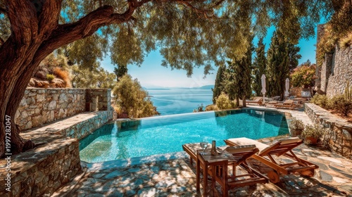 Tranquil swimming pool overlooking ocean view on sunny day