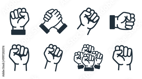 Iconography of solidarity and strength A collection of diverse fist and hand gestures symbolizing unity, power, and mutual support
