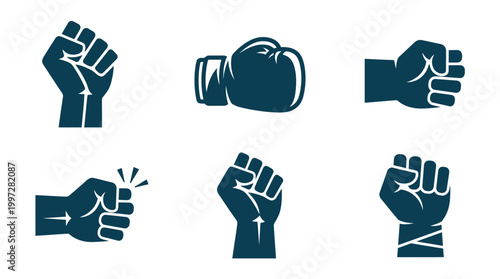 Vector illustrations depicting various forms of clenched fists and a boxing glove, symbolizing resilience, empowerment, and collective action for diverse conceptual projects