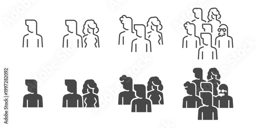Person icon set. It includes man, couple, group and people.