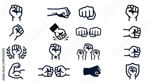 Set of Fist Icons Representing Power, Strength, Protest, and Solidarity
