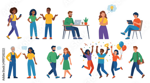 Diverse group of people in various casual and work settings, celebrating and interacting with each other