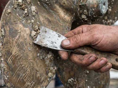 A gloved hand uses a metal scraper to vigorously remove stubborn barnacles and marine growth from a heavily fouled boat propeller, indicating maintenance work.