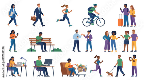 Diverse group of people engaged in various everyday activities, showcasing a modern urban lifestyle and social interaction