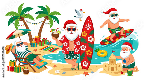 Santa Claus enjoying a tropical beach vacation with palm trees, gifts, and surfboard