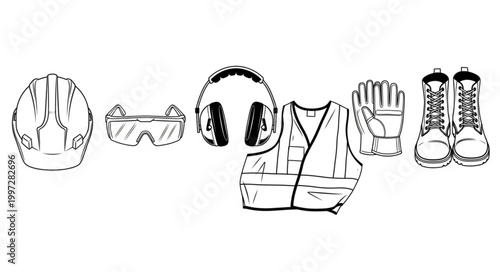 Collection of construction safety gear and personal protective equipment.