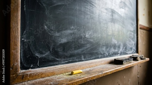 Aged chalkboard with chalk and eraser in dimly lit classroom setting