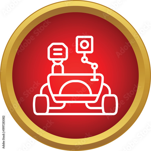 Space exploration vehicle traveling on a red background with golden frame