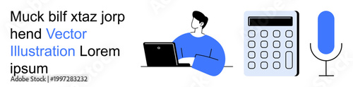 Digital communication, remote work, modern tools, productivity, audio technology, calculations. Man using laptop, calculator and microphone icon. Remote work and digital communication concept
