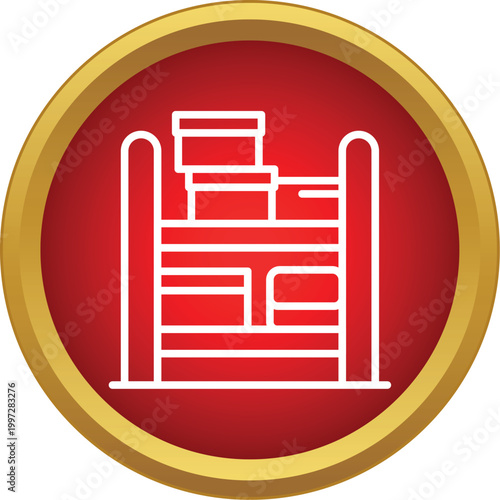 Warehouse shelving unit organizing boxes on a red circle background