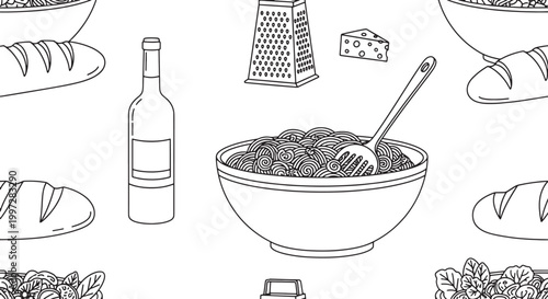 Seamless vector pattern featuring hand drawn line art of Italian cuisine elements including pasta bowl wine bottle bread and kitchen tools