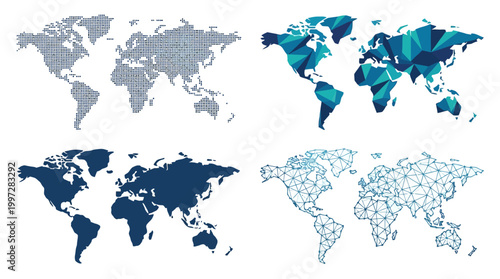 Global map illustrations showcasing diverse artistic representations of the Earth's continents and countries