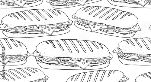 Seamless pattern of hand drawn grilled panini sandwiches with cheese and tomatoes in black and white sketch style vector illustration