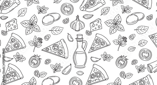 Hand drawn pizza ingredients seamless pattern vector illustration featuring slices tomatoes basil garlic olive oil and cheese for food packaging design