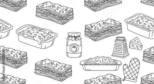 Seamless pattern of hand drawn lasagna slices baking dishes tomato sauce jars cheese graters and oven mitts in black and white.