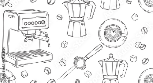 Seamless vector pattern featuring hand drawn coffee equipment including espresso machine moka pot portafilter latte art and roasted beans