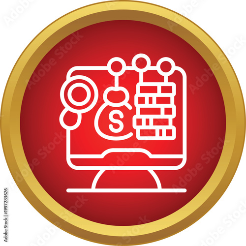 Computer screen displaying financial data, money bag, and chart in outlined style